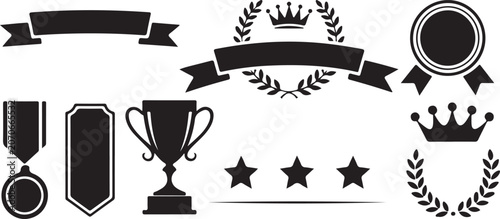 Award Trophy Ribbon Medal Crown Laurel Wreath Vector Icon Set