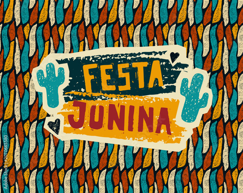 Festa Junina festival banner with crayon text and drawn elements. Brazilian summer carnival poster with chalk smear block, cactus, hearts. June party poster, vector illustration