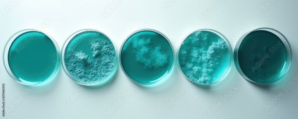 Fototapeta premium Five petri dishes hold teal liquid and cloudy substance. Scientific research and medical testing in lab. Biology and chemistry experiments progress.