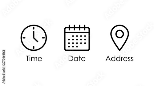 Minimalist black line icons set representing time date and location for digital interfaces