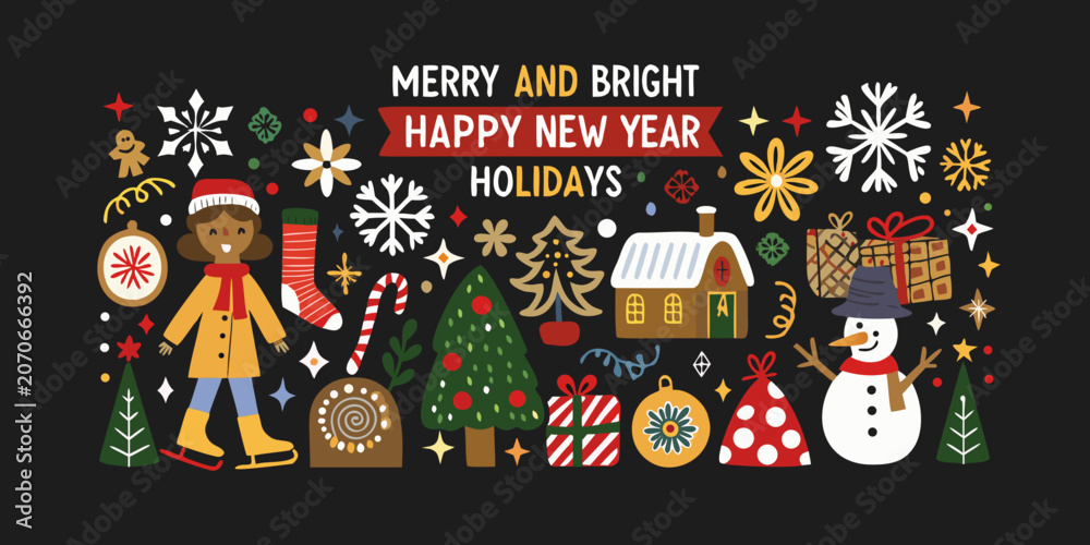 Fototapeta premium Festive holiday illustration with winter elements and seasonal decorations
