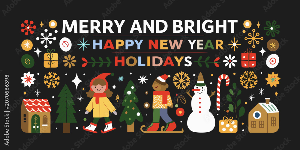 Fototapeta premium Holiday illustration with winter scenes festive elements and dark background