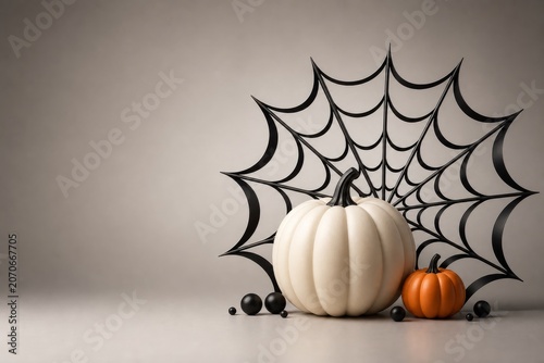 Minimal 3D Halloween composition with abstract black web arcs, ivory pumpkin, orange pumpkin and glossy beads on a warm gray studio background.