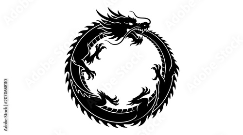 Ouroboros Dragon Symbol of Eternity and Cyclical Nature in Black Silhouette PNG Isolated on transparent background