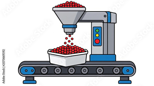 Industrial conveyor belt with red berries.