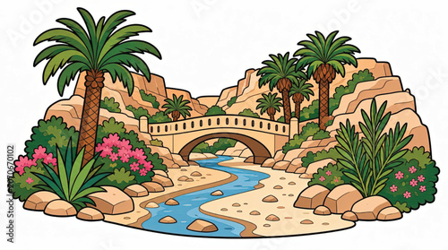 Illustration of a desert oasis scene.