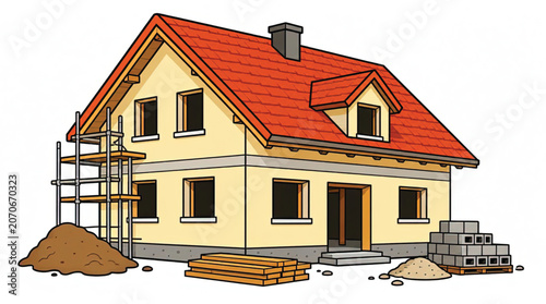 House Under Construction with Scaffolding.