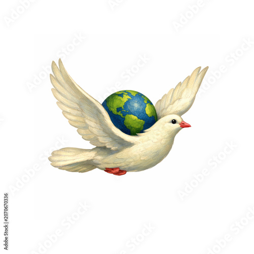 Dove Carrying Earth: A white dove, a symbol of peace, soars through the sky carrying the Earth on its back, representing global harmony and unity.