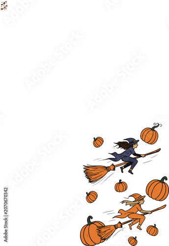 Fotografie Halloween flying witches, cartoon witch characters riding broomsticks with pumpk