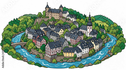 Houses along a winding river town.