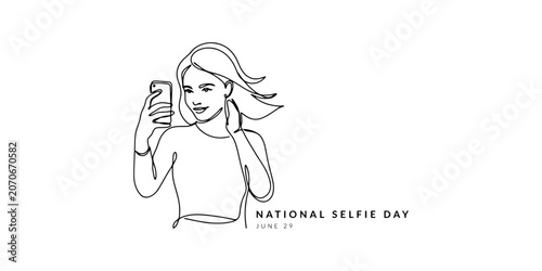 Foto minimalist national selfie day a women click a photo continuous one line drawing, Selfie Pose Woman With Phone Illustration, Young Woman Taking Selfie With Smartphone Drawing white background