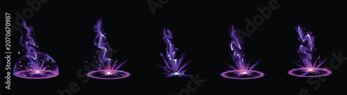 A collection of five magical purple lightning strike special effects with glowing energy portals isolated on black background.