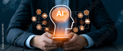Businessman touching the brain working of Artificial Intelligence (AI) Automation, Predictive analytics, Customer service AI-powered chatbot, analyze customer data, business and technology 