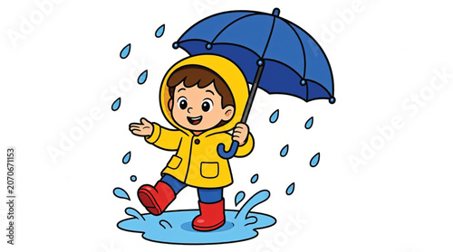 Happy child playing in rain puddle.