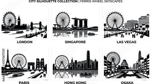 Photography Global City Skyline Silhouette Vector Illustration Set Featuring Ferris Wheels a