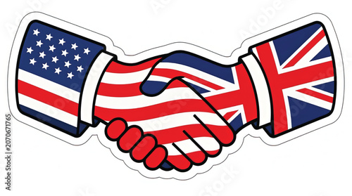 Handshake between American and British flags.