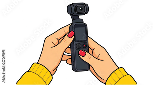 Hands holding a small action camera.