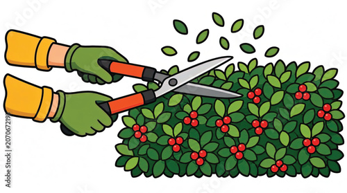 Hands cutting green hedge with scissors.