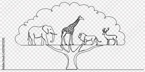 Foto Single one line drawing in the leaves of the big tree there are giraffe, elephant, deer and lion