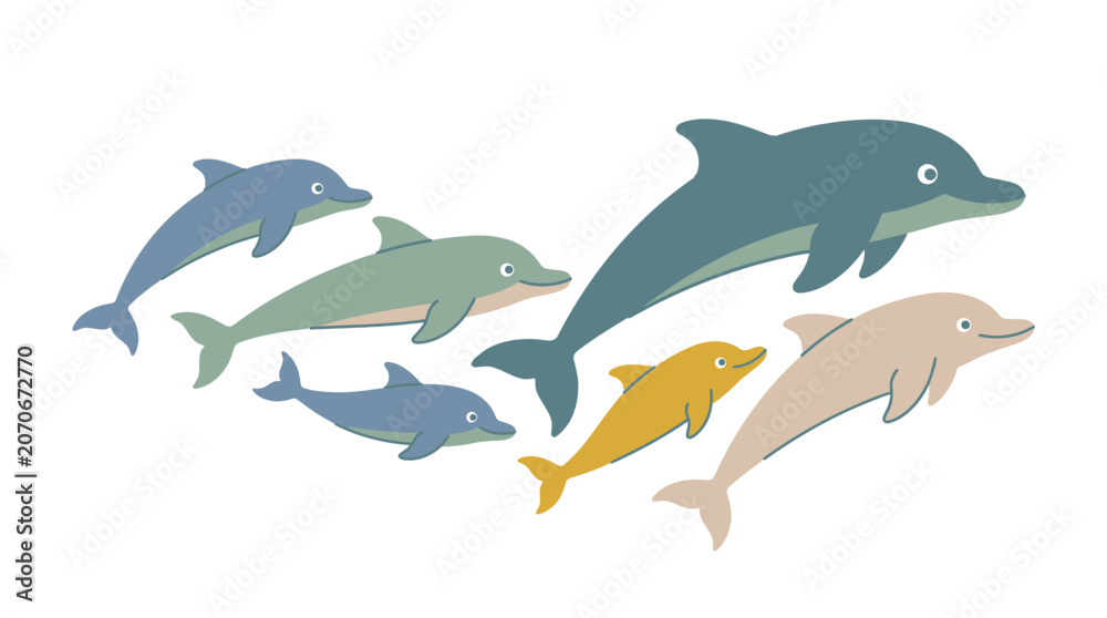 Fototapeta premium Dynamic Pod of Dolphins Swimming Together in Clear Waters - Illustrative Marine Life Concept