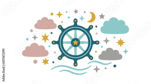 Creative Nautical Design Featuring a Ship's Wheel Surrounded by Clouds and Stars, Ideal for Graphic Art and Digital Projects