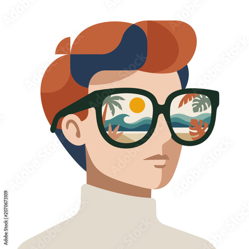 Creative Illustration of a Person Wearing Sunglasses with a Beach Scene, Digital Art, Vibrant Colors, Relaxed Vibe