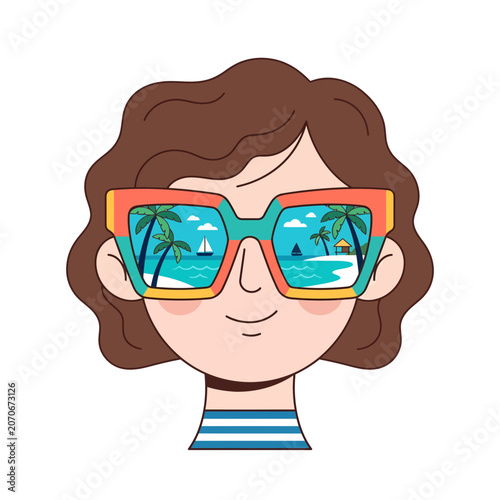 A Person with Sunglasses Reflecting Tropical Beach Scene in a Colorful Graphic Style