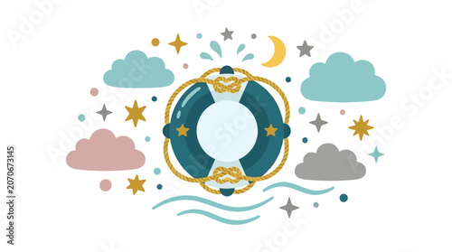 Dreamy Celestial Pattern Illustration Featuring Stars, Clouds, and Moon in a Whimsical Design for Digital Art Enthusiasts