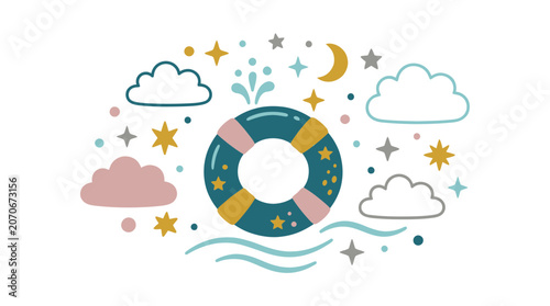 Lifebuoy Floating, Water Safety, Summer Fun, Graphic Design, Calm Environment, Aesthetic Viewpoint, Relaxation Concept