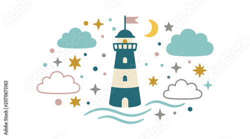 Colorful Lighthouse in a Starry Night Sky Illustrating Coastal Serenity