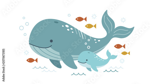 Underwater Adventure, Whales and Calf, Ocean, Illustration, Marine Life, Playful Scene, Family Bonding