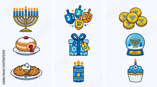 Set of colorful Hanukkah holiday icon illustrations featuring traditional Jewish symbols and treats.
