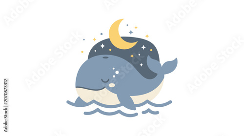 Whimsical Nighttime Adventure, Cartoon Whale, Ocean Scene, Digital Illustration, Dreamy Environment, Side View, Imagination and Wonder