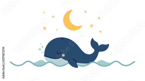 Whale Swimming Under a Moonlit Sky, Ocean Landscape, Digital Illustration, Peaceful Night Scene