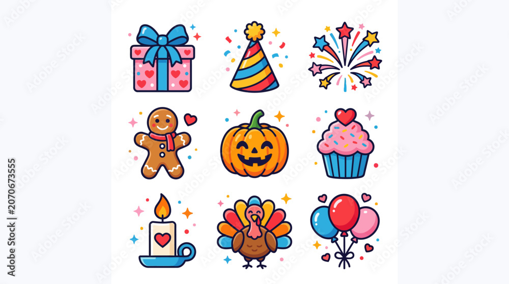 Fototapeta premium Set of colorful holiday and celebration doodle icons for festive design.