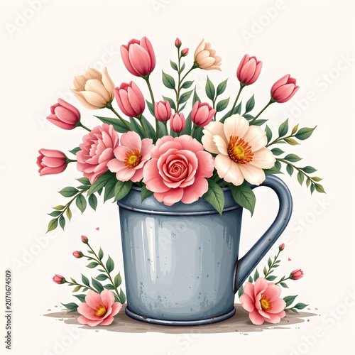 Rustic Watering Bucket Overflowing with Colorful Tulips and Roses