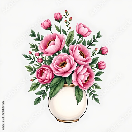 Decorative Ceramic Vase Filled with Pink Peonies and Roses