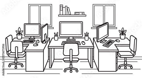 Corporate Office Workspace Outline Line Art Vector
