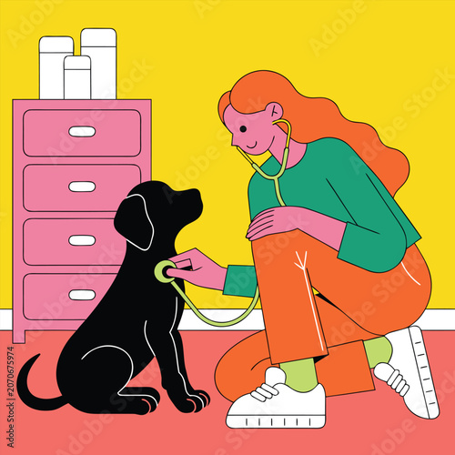 Vibrant Illustration of a Woman Checking a Dog's Heartbeat