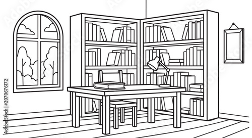 Cozy Library Interior Outline Drawing Line Art Vector