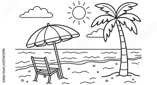 Tropical Beach Outline Landscape Line Art Vector