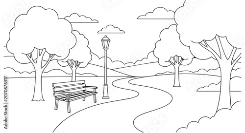 Public Park Landscape Outline Scene Line Art Vector
