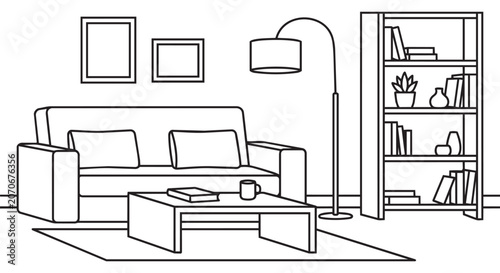 Modern Living Room Outline Interior Line Art Vector