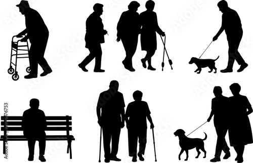 Detailed black silhouette collection showing senior citizens engaging in various daily movements and walking activities