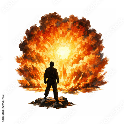 Confronting the Inferno: A solitary figure stands silhouetted against a colossal explosion, embodying a moment of intense power and destruction.