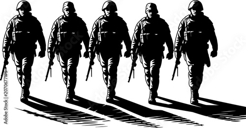 Squad of soldiers in tactical uniforms walking forward in a high contrast silhouette vector style