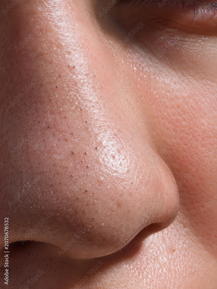 Fototapeta premium Closeup of human nose with visible skin pores and blackheads on natural skin texture
