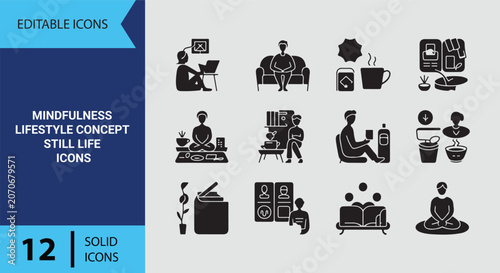 Photography Mindfulness Lifestyle Concept Still Life Solid Icons Set For Calming Wellness An