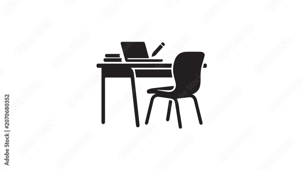 Fototapeta premium Desk setup featuring a minimalist workstation with a computer and chair represents a modern professional environment for productivity and focus.