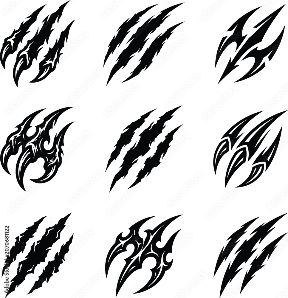 Fototapeta premium Black stylized flame and fire claw vector icons